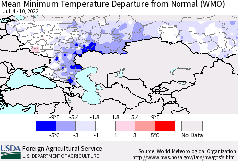 Russian Federation Mean Minimum Temperature Departure from Normal (WMO) Thematic Map For 7/4/2022 - 7/10/2022