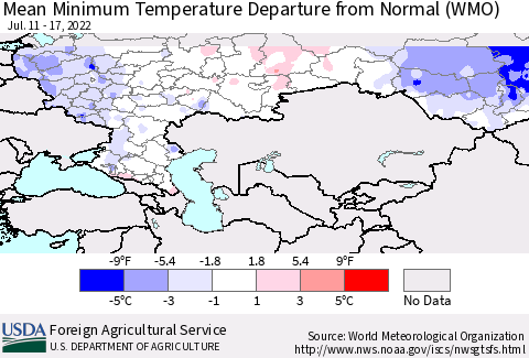 Russian Federation Mean Minimum Temperature Departure from Normal (WMO) Thematic Map For 7/11/2022 - 7/17/2022