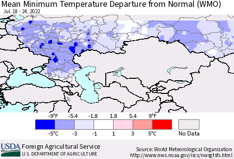 Russian Federation Mean Minimum Temperature Departure from Normal (WMO) Thematic Map For 7/18/2022 - 7/24/2022