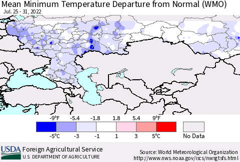 Russian Federation Mean Minimum Temperature Departure from Normal (WMO) Thematic Map For 7/25/2022 - 7/31/2022