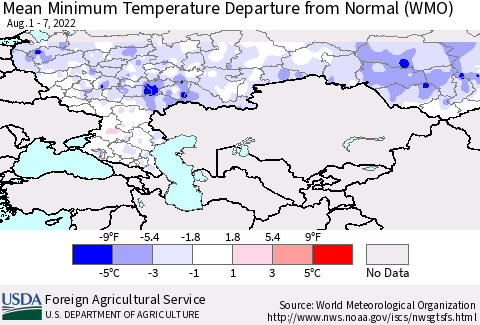 Russian Federation Mean Minimum Temperature Departure from Normal (WMO) Thematic Map For 8/1/2022 - 8/7/2022