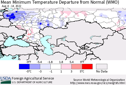 Russian Federation Mean Minimum Temperature Departure from Normal (WMO) Thematic Map For 8/8/2022 - 8/14/2022