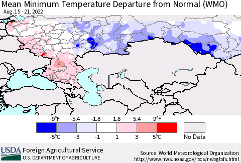Russian Federation Mean Minimum Temperature Departure from Normal (WMO) Thematic Map For 8/15/2022 - 8/21/2022