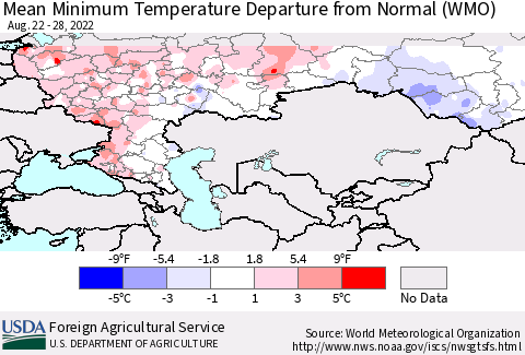 Russian Federation Mean Minimum Temperature Departure from Normal (WMO) Thematic Map For 8/22/2022 - 8/28/2022