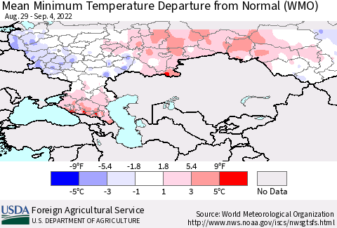 Russian Federation Mean Minimum Temperature Departure from Normal (WMO) Thematic Map For 8/29/2022 - 9/4/2022