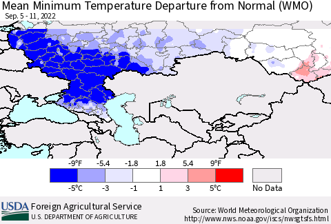 Russian Federation Mean Minimum Temperature Departure from Normal (WMO) Thematic Map For 9/5/2022 - 9/11/2022