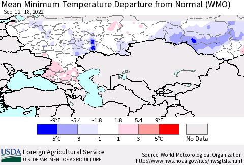 Russian Federation Mean Minimum Temperature Departure from Normal (WMO) Thematic Map For 9/12/2022 - 9/18/2022