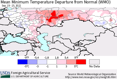 Russian Federation Mean Minimum Temperature Departure from Normal (WMO) Thematic Map For 9/19/2022 - 9/25/2022