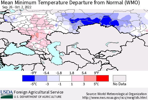 Russian Federation Mean Minimum Temperature Departure from Normal (WMO) Thematic Map For 9/26/2022 - 10/2/2022