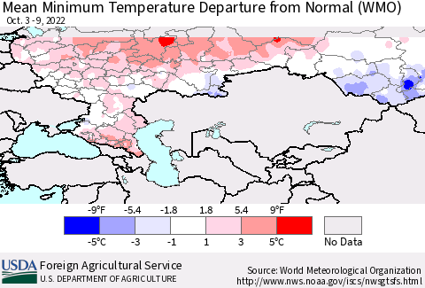 Russian Federation Mean Minimum Temperature Departure from Normal (WMO) Thematic Map For 10/3/2022 - 10/9/2022