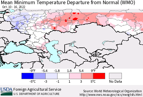Russian Federation Mean Minimum Temperature Departure from Normal (WMO) Thematic Map For 10/10/2022 - 10/16/2022