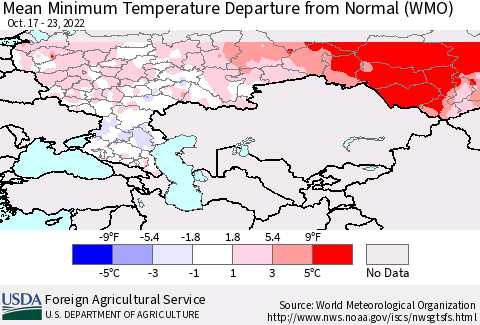 Russian Federation Mean Minimum Temperature Departure from Normal (WMO) Thematic Map For 10/17/2022 - 10/23/2022