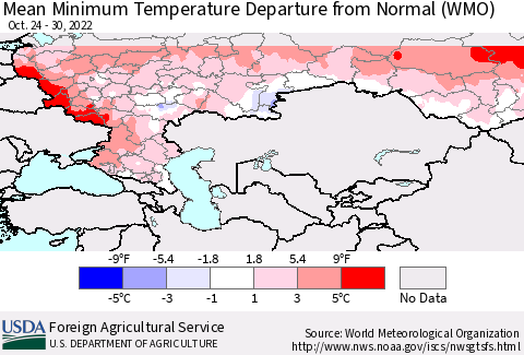 Russian Federation Mean Minimum Temperature Departure from Normal (WMO) Thematic Map For 10/24/2022 - 10/30/2022
