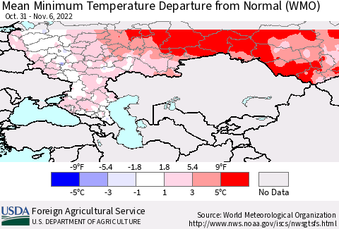 Russian Federation Mean Minimum Temperature Departure from Normal (WMO) Thematic Map For 10/31/2022 - 11/6/2022