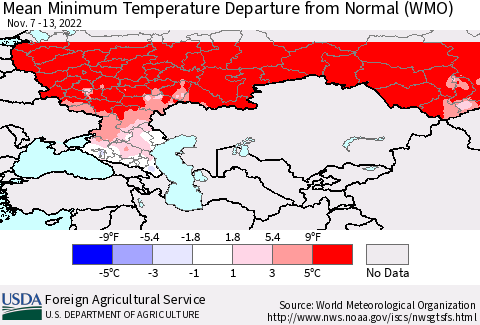 Russian Federation Mean Minimum Temperature Departure from Normal (WMO) Thematic Map For 11/7/2022 - 11/13/2022