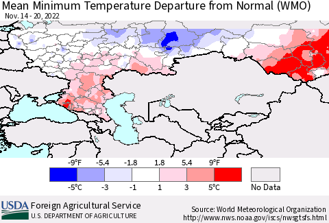 Russian Federation Mean Minimum Temperature Departure from Normal (WMO) Thematic Map For 11/14/2022 - 11/20/2022