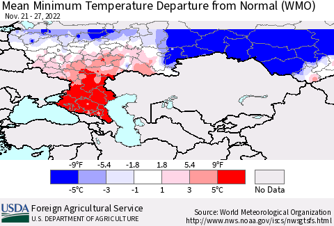 Russian Federation Mean Minimum Temperature Departure from Normal (WMO) Thematic Map For 11/21/2022 - 11/27/2022
