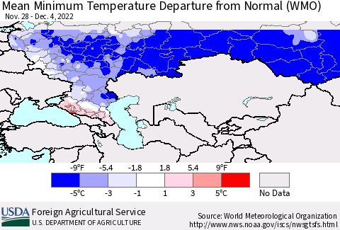 Russian Federation Mean Minimum Temperature Departure from Normal (WMO) Thematic Map For 11/28/2022 - 12/4/2022