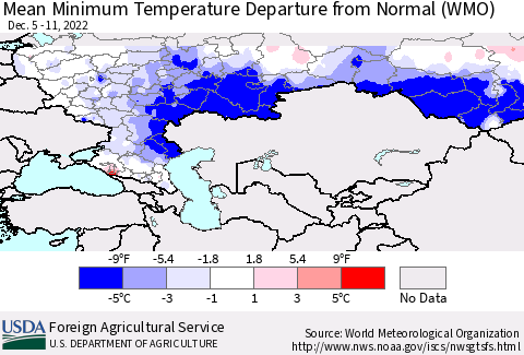 Russian Federation Mean Minimum Temperature Departure from Normal (WMO) Thematic Map For 12/5/2022 - 12/11/2022