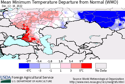 Russian Federation Mean Minimum Temperature Departure from Normal (WMO) Thematic Map For 12/12/2022 - 12/18/2022