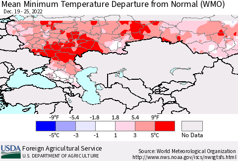 Russian Federation Mean Minimum Temperature Departure from Normal (WMO) Thematic Map For 12/19/2022 - 12/25/2022