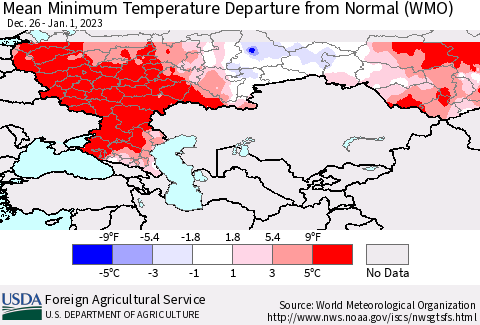 Russian Federation Mean Minimum Temperature Departure from Normal (WMO) Thematic Map For 12/26/2022 - 1/1/2023