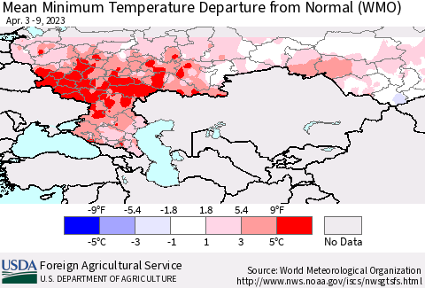 Russian Federation Mean Minimum Temperature Departure from Normal (WMO) Thematic Map For 4/3/2023 - 4/9/2023