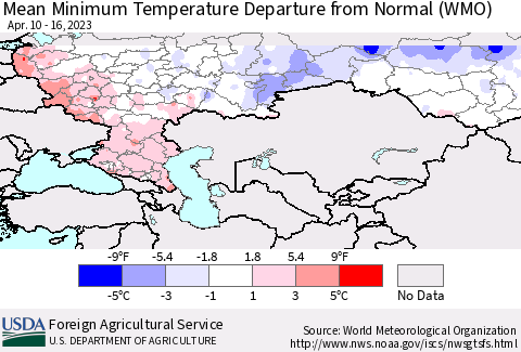 Russian Federation Mean Minimum Temperature Departure from Normal (WMO) Thematic Map For 4/10/2023 - 4/16/2023