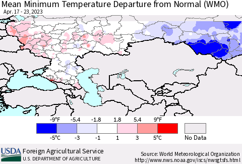 Russian Federation Mean Minimum Temperature Departure from Normal (WMO) Thematic Map For 4/17/2023 - 4/23/2023