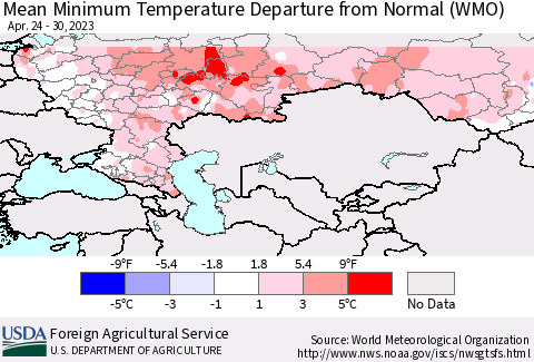 Russian Federation Mean Minimum Temperature Departure from Normal (WMO) Thematic Map For 4/24/2023 - 4/30/2023