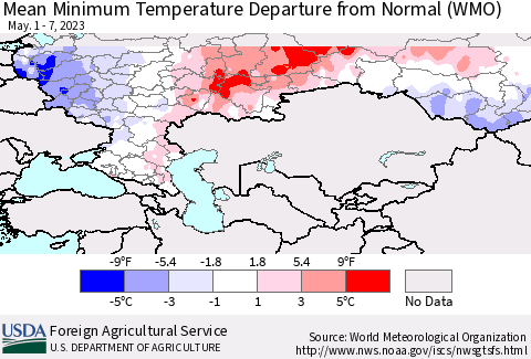 Russian Federation Mean Minimum Temperature Departure from Normal (WMO) Thematic Map For 5/1/2023 - 5/7/2023