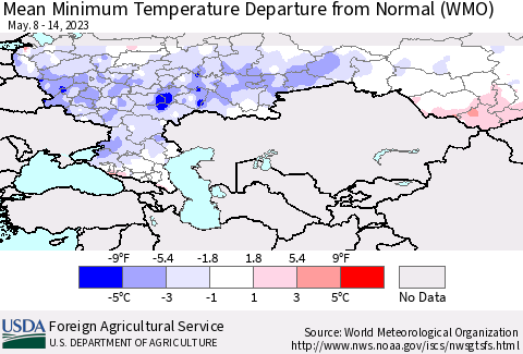 Russian Federation Mean Minimum Temperature Departure from Normal (WMO) Thematic Map For 5/8/2023 - 5/14/2023