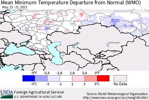 Russian Federation Mean Minimum Temperature Departure from Normal (WMO) Thematic Map For 5/15/2023 - 5/21/2023