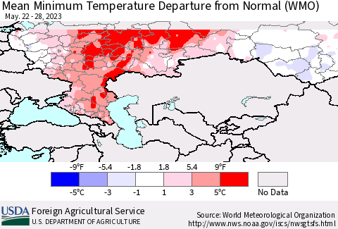 Russian Federation Mean Minimum Temperature Departure from Normal (WMO) Thematic Map For 5/22/2023 - 5/28/2023