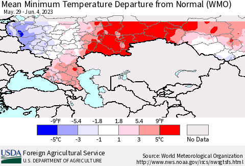 Russian Federation Mean Minimum Temperature Departure from Normal (WMO) Thematic Map For 5/29/2023 - 6/4/2023