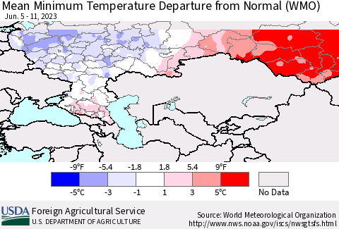 Russian Federation Mean Minimum Temperature Departure from Normal (WMO) Thematic Map For 6/5/2023 - 6/11/2023