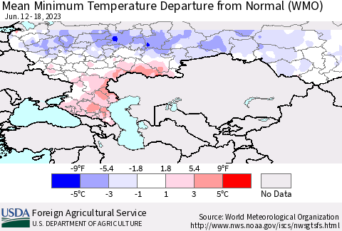 Russian Federation Mean Minimum Temperature Departure from Normal (WMO) Thematic Map For 6/12/2023 - 6/18/2023