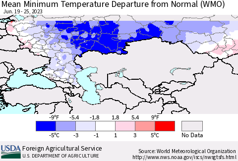 Russian Federation Mean Minimum Temperature Departure from Normal (WMO) Thematic Map For 6/19/2023 - 6/25/2023