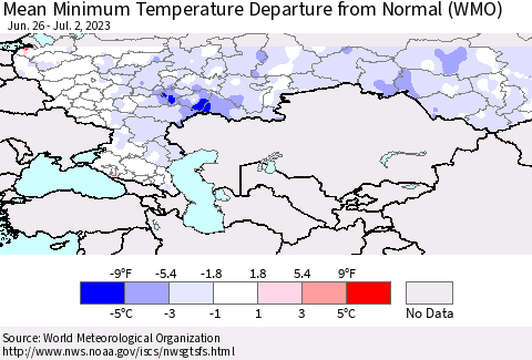 Russian Federation Mean Minimum Temperature Departure from Normal (WMO) Thematic Map For 6/26/2023 - 7/2/2023
