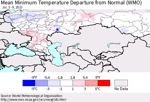 Russian Federation Mean Minimum Temperature Departure from Normal (WMO) Thematic Map For 7/3/2023 - 7/9/2023