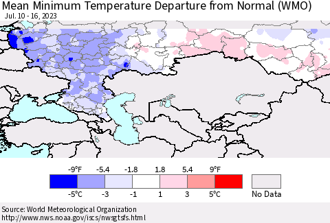 Russian Federation Mean Minimum Temperature Departure from Normal (WMO) Thematic Map For 7/10/2023 - 7/16/2023