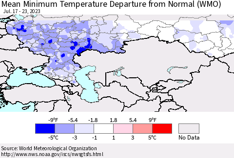 Russian Federation Mean Minimum Temperature Departure from Normal (WMO) Thematic Map For 7/17/2023 - 7/23/2023