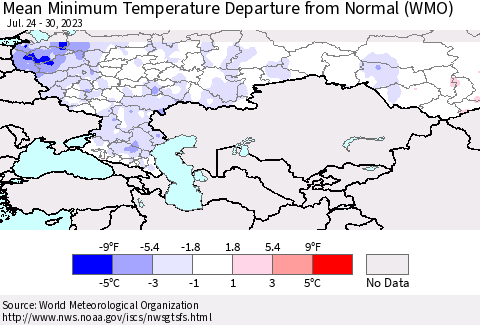 Russian Federation Mean Minimum Temperature Departure from Normal (WMO) Thematic Map For 7/24/2023 - 7/30/2023
