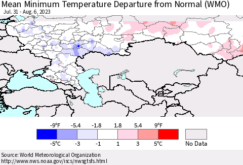 Russian Federation Mean Minimum Temperature Departure from Normal (WMO) Thematic Map For 7/31/2023 - 8/6/2023