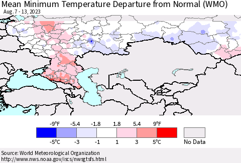 Russian Federation Mean Minimum Temperature Departure from Normal (WMO) Thematic Map For 8/7/2023 - 8/13/2023