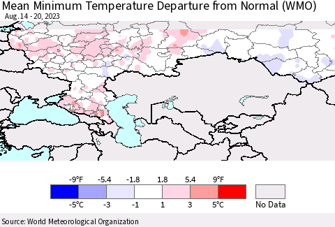 Russian Federation Mean Minimum Temperature Departure from Normal (WMO) Thematic Map For 8/14/2023 - 8/20/2023