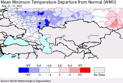 Russian Federation Mean Minimum Temperature Departure from Normal (WMO) Thematic Map For 8/21/2023 - 8/27/2023