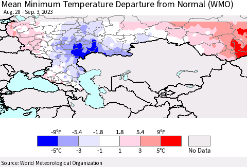 Russian Federation Mean Minimum Temperature Departure from Normal (WMO) Thematic Map For 8/28/2023 - 9/3/2023