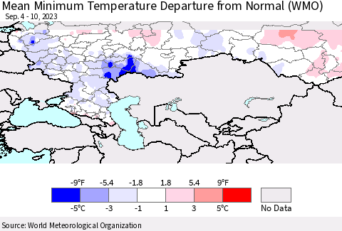 Russian Federation Mean Minimum Temperature Departure from Normal (WMO) Thematic Map For 9/4/2023 - 9/10/2023