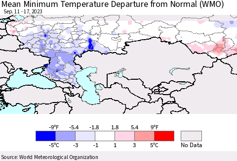 Russian Federation Mean Minimum Temperature Departure from Normal (WMO) Thematic Map For 9/11/2023 - 9/17/2023